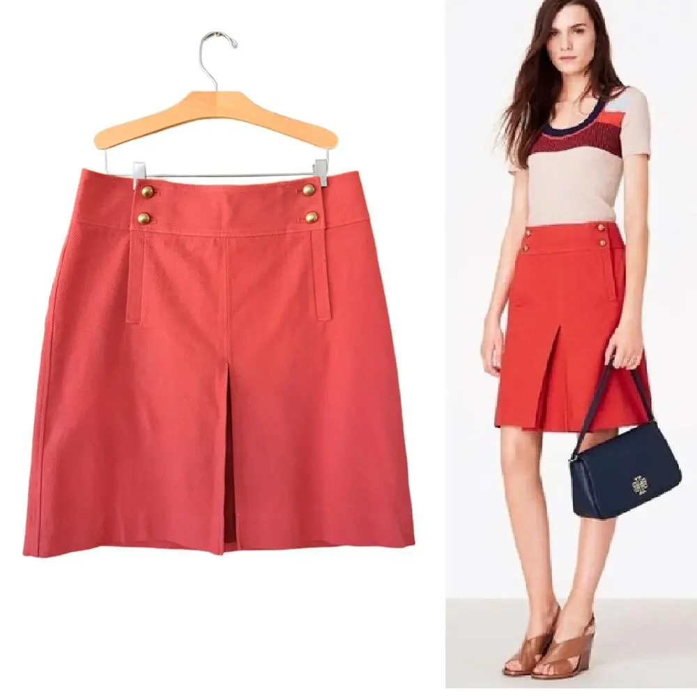 Tory Burch Thea Canyon Cotton Pleated A-Line Skirt Size 10 Orange Stretch Twill